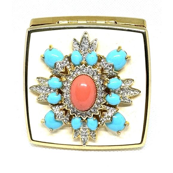 NIB VINTAGE! KENNETH LANE CORAL TURQUOISE RHINESTONE COMPACT MIRROR VANITY RARE - Picture 3 of 7